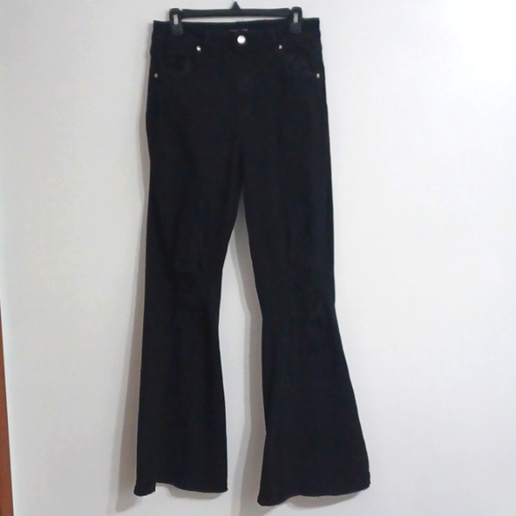 Long black flared jeans. Distressed faded denim bell bottom pants. Size 7 - Picture 1 of 16